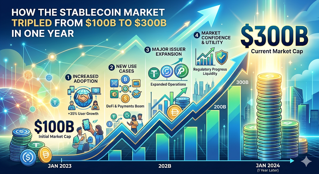 Bagaimana Pasar Stablecoin Naik dari $100 Miliar Menjadi $300 Miliar dalam Satu Tahun